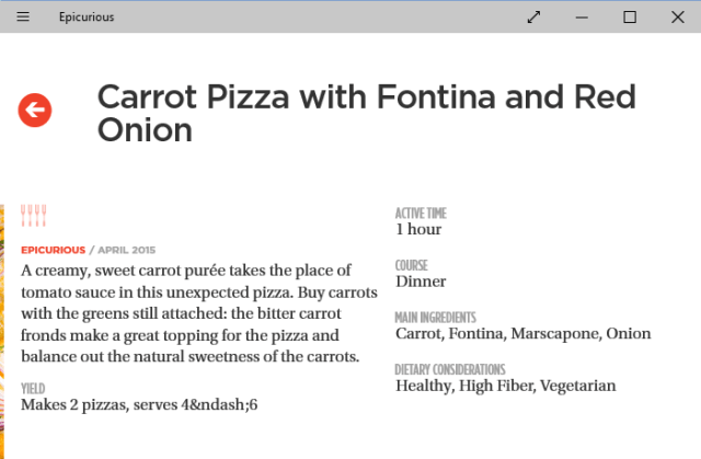 total imformation of the food on the epicurious windows app