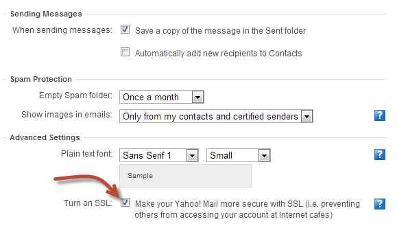 turn on SSL on yahoo mail