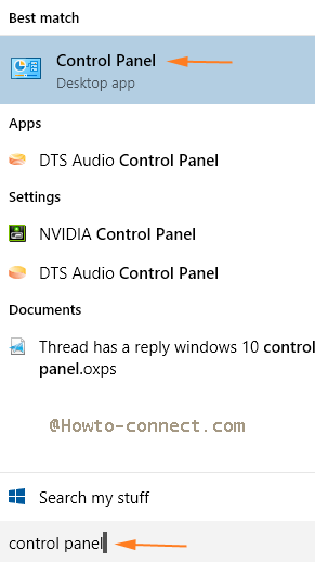 type control panel in base of cortana and result at the zenith