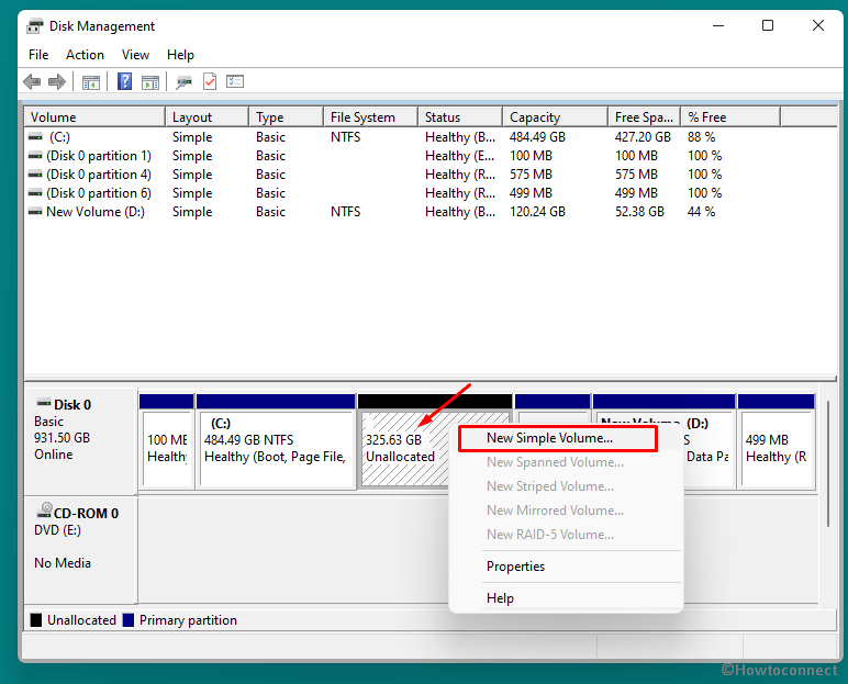 unallocated new simple volume in disk management to partition