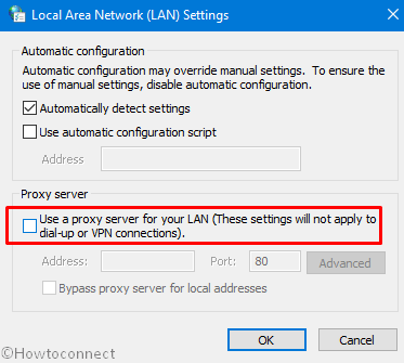 uncheck proxy server for lan