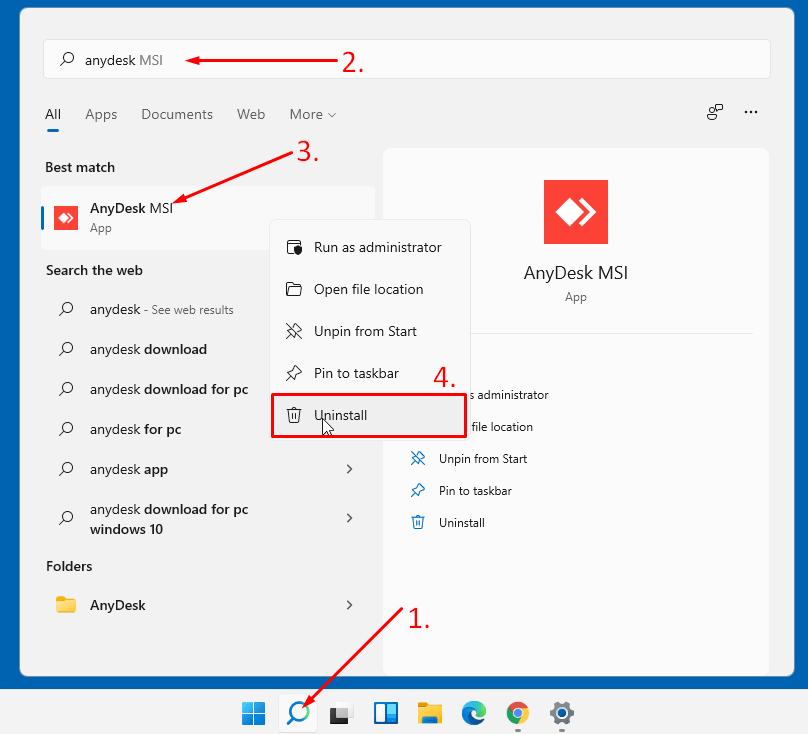 uninstall app from Windows 11 search