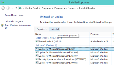 uninstall this program on installed update window