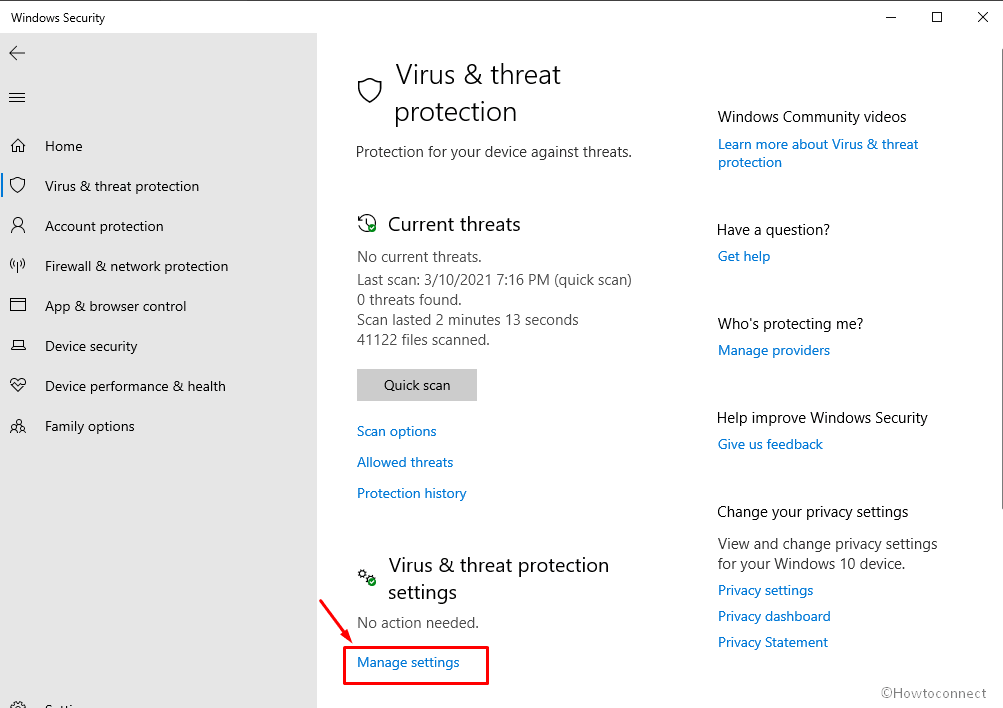 virus & threat protection manage settings