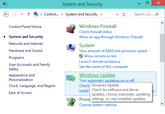 windiws update link in system security window