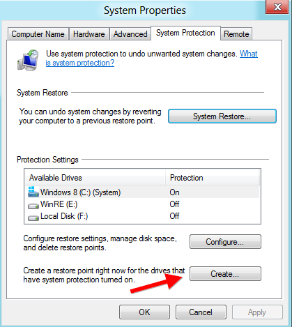System Restore in Windows 10, 8 and set new Restore Points