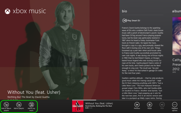 windows 8 Xbox music app control bar option
