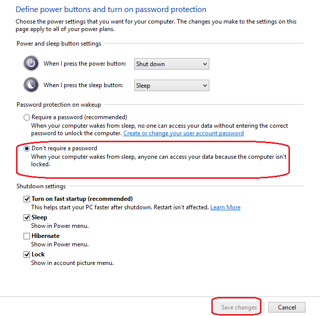 windows 8 disbale password require on sleep mode