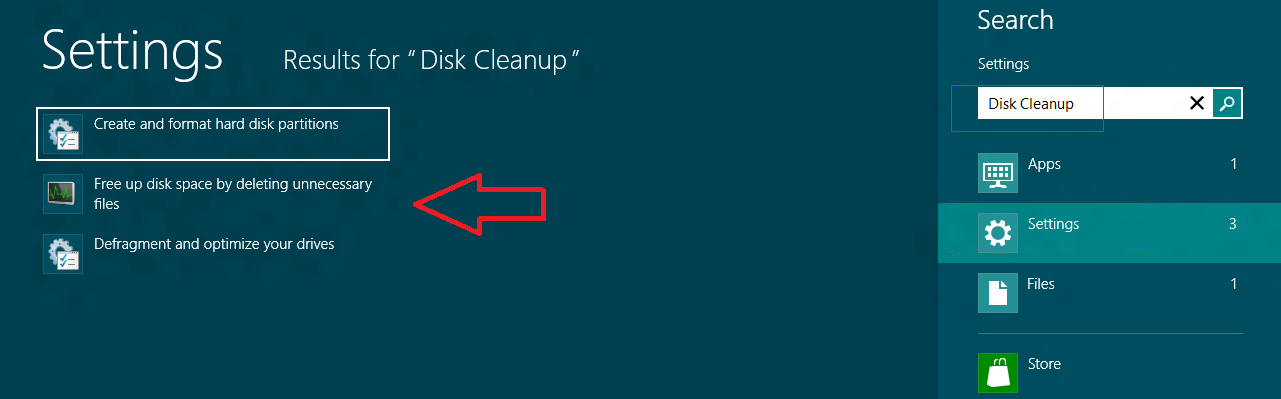 windows 8 disk cleanup tool in search result