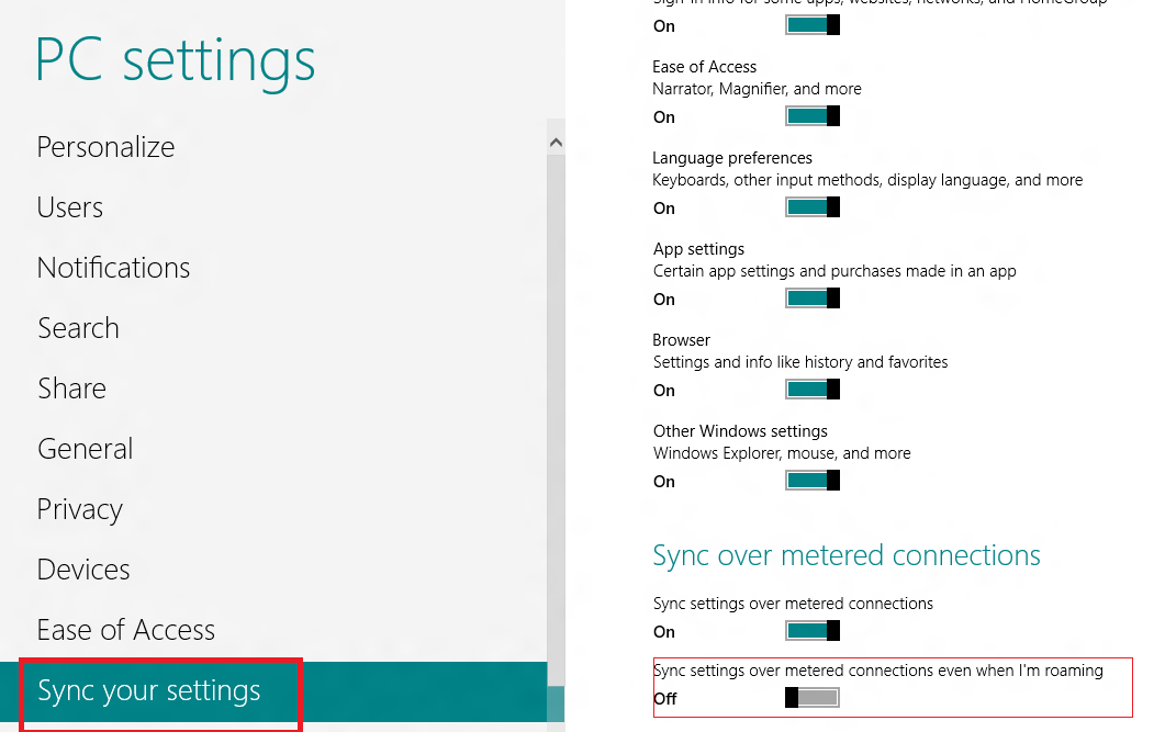 windows 8 metered sync settings