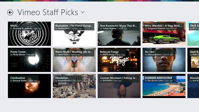 windows 8 vimeo app screen browse