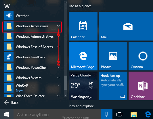 windows accessories option on start menu on windows 10