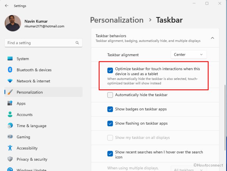 How to activate Tablet optimized Taskbar in Windows 11