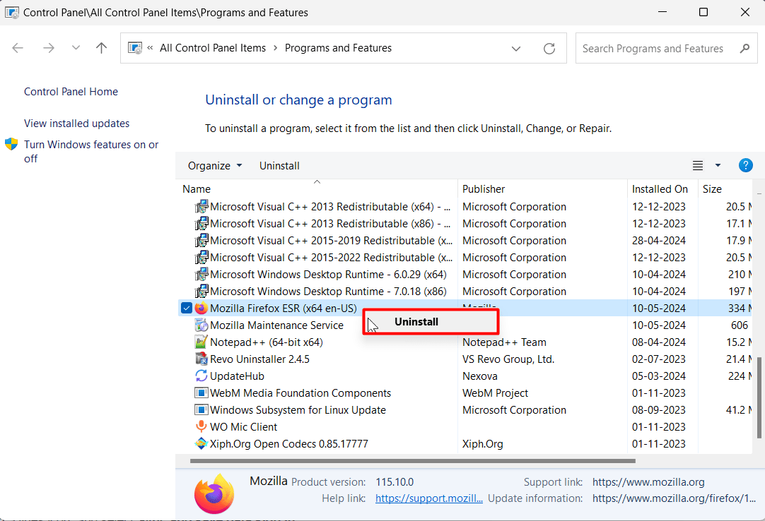 uninstall programs and features firefox