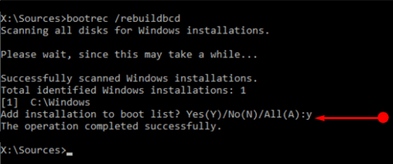 bootrec rebuildbcd total identified windows installations 0