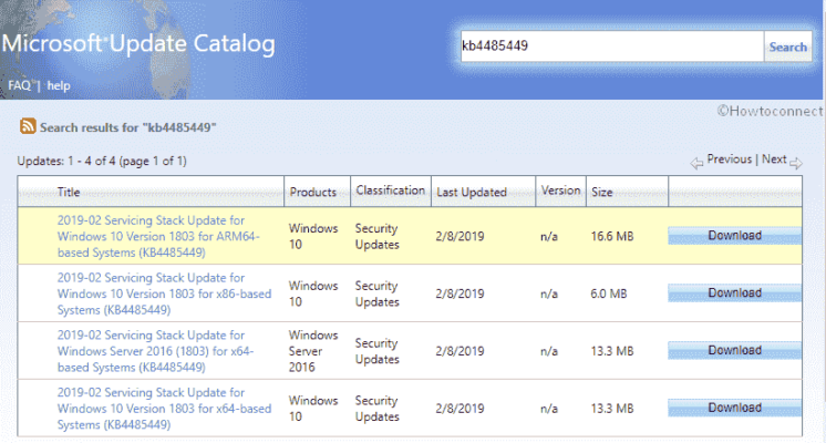 KB4485449 SSU / Servicing Stack Update for Windows 10 1803 Feb 2018