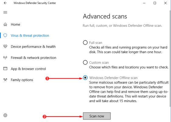 windows defender offline scan shuts down computer