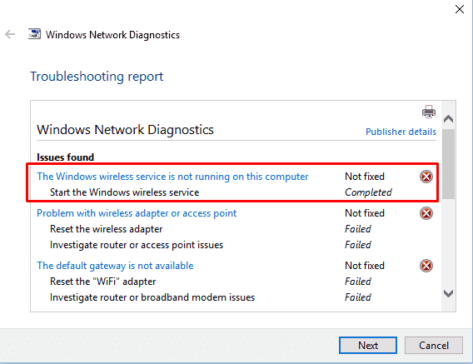 window wireless service is not running