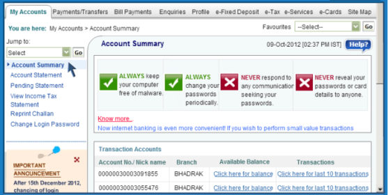 SBI Online Banking Tips - Get Account Summary, Cheque Book