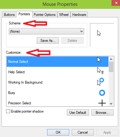 set a custom mouse pointer to defualt