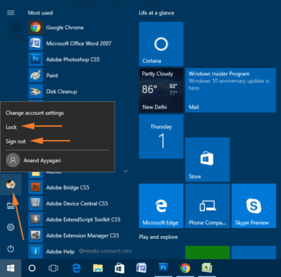 Sign out, Lock Windows 10 through Start, Power User Menu